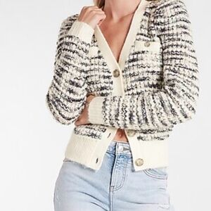 Express Space Dye Cream Striped Puff Sleeve Cardigan, Size S NWT